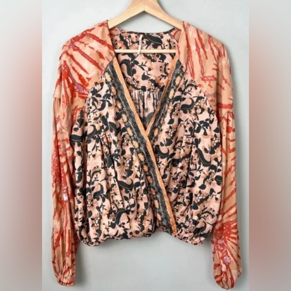 Free People Blouse Top oversized XS wrap style long sleeves crossover